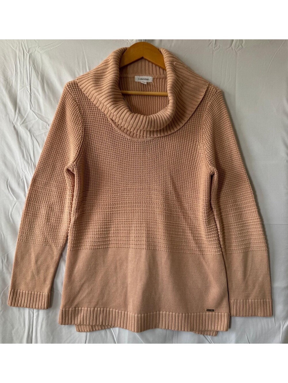 Calvin Klein Sweater Womens L Blush Peach Cowl Neck Textured Knit 100% Acrylic